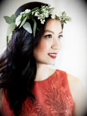 wedding hair flowers loose waves with greenery crown