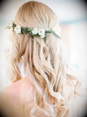 wedding hair flowers half up with thin greenery crown