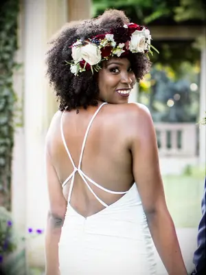 natural wedding hairstyle down with oversized flower crown