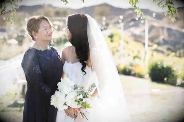 Simple mother of the bride updo with wispy tendrils
