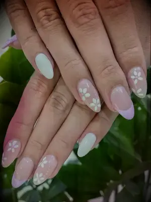 Pink and white floral wedding nails