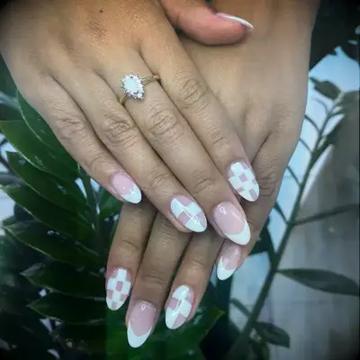 Geometric pink and white wedding nails