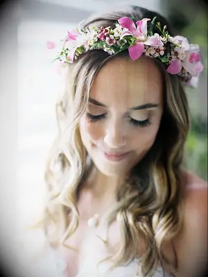 Wedding flower crown with pink wax flowers and orchids