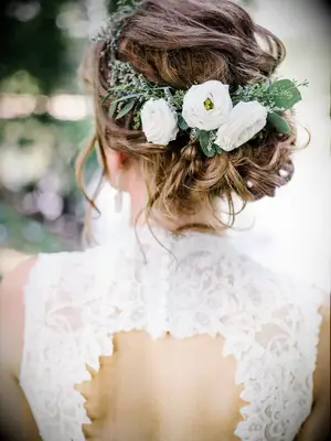 Piecey Updo With Lisianthus, Lavender and Eucalyptus - bridal crowns