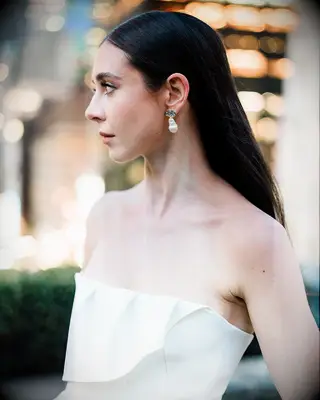 Sleek, Shiny & Straight strapless wedding dress hairstyle