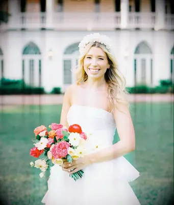 Floral Crown Headband strapless wedding dress hairstyle