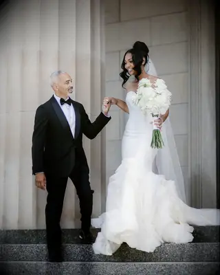 Trendy Top Knot With Split Bangs strapless wedding dress hairstyle