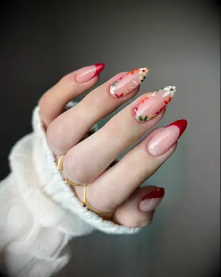 Red floral wedding nails