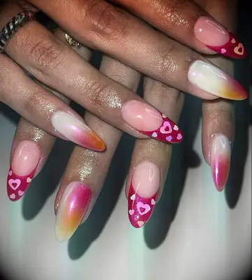 red yellow and pink ombre wedding nails with hearts