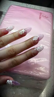 Pink with white hibiscus flowers wedding nails