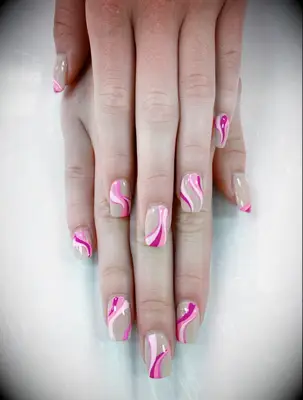 retro seventies pink swirl wedding nails inspo