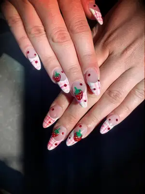 pink plaid and strawberry wedding nails design