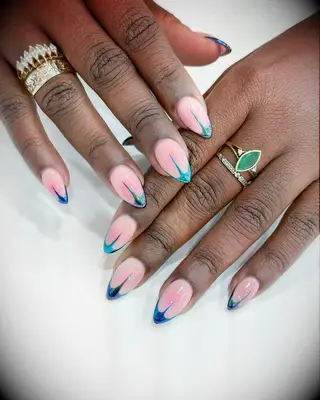 Metallic blue point french tip engagement nail inspiration