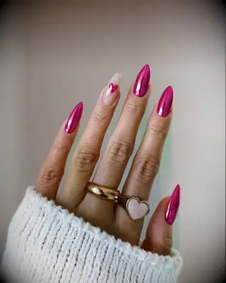 Pink chrome heart engagement nail inspiration