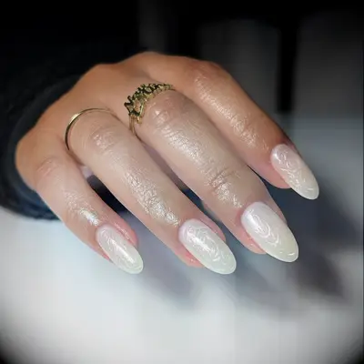 Almond pearl swirl simple wedding nails 
