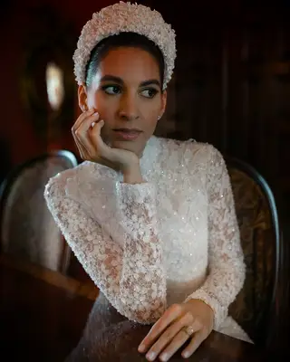 Wedding hairstyle accessory for high neck wedding dress