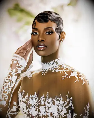 Finger waves high neck dress wedding hairstyle