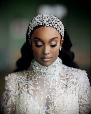 Bedazzled headband wedding hairstyle for high neck dress