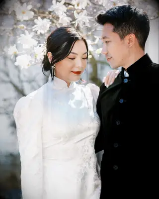 Polished twist high neck dress wedding hairstyle