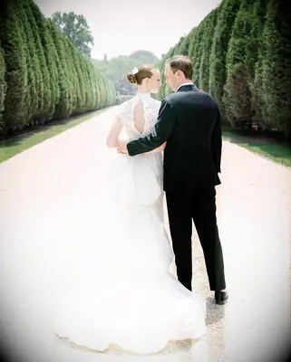 Ballerina bun high neck dress wedding hairstyle