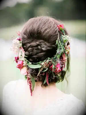 boho wedding hair braided low bun with flower crown 