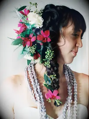 boho wedding hair side braid with big flowers