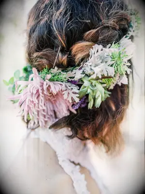 boho wedding hair half up with braid and flowers