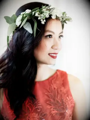 boho wedding hair loose waves with flower crown