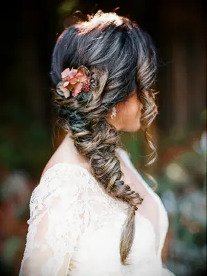 boho wedding hair side fishtail braid with flower