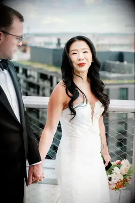 Long curls with middle part formal wedding hairstyle