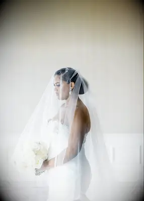 Large low bun wedding hairstyle with veil