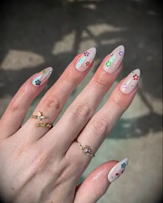 Floral gemstone chrome wedding nails