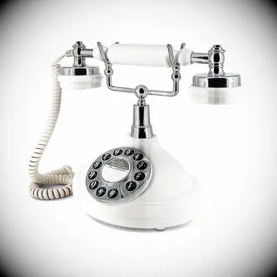 Vintage phone with wedding guests