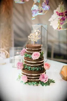 three tier chocolate naked wedding cake decorated with ivy vines, pink roses and gold cake topper that says our adventure awaits