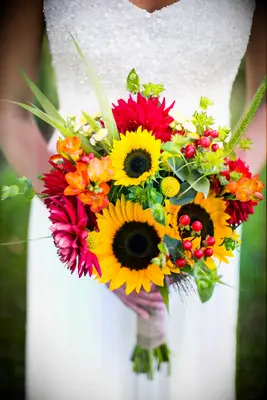 Rustic gerbera daisy and sunflower bouquet