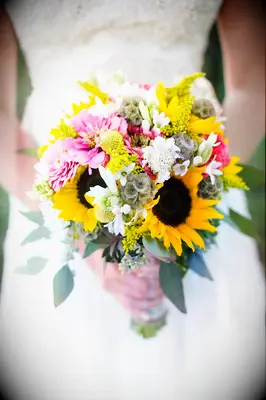 Sunflowers, aster, and scabiosa bouquet
