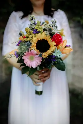 Bright, Colorful Bouquet of Sunflowers, Roses and Wildflowers