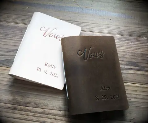 custom leather vow book set embossed with couple