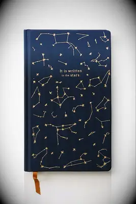 modern wedding vow book with gold constellations against navy blue background