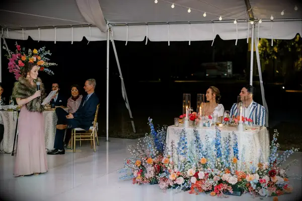 Bridesmaid giving speech during reception
