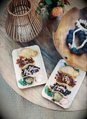 street tacos on bamboo plates