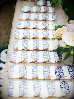blue-and-white tile escort cards