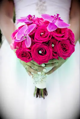 Bright Pink Roses and Orchids Wedding Bouquet