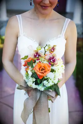 Orange and Burgundy Orchid and Rose Wedding Bouquet