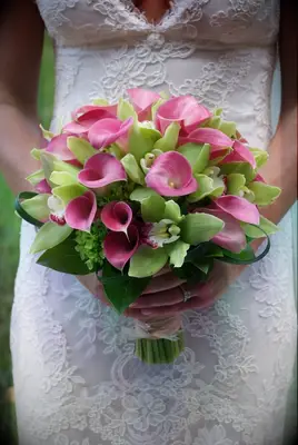 Pink and Green Hydrangea and Orchid Wedding Bouquet
