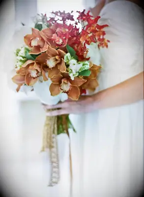 Red and Orange Peony and Orchid Wedding Bouquet