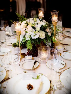 white flowers with pinecone accents