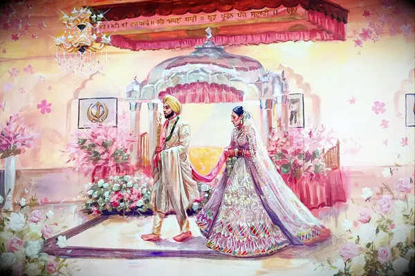 Beautiful photo of a live painting depicting a couple at their wedding reception surrounded by lush flowers. 