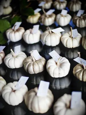 close up of mini white, gold and silver glitter painted pumpkins with names written on tags as wedding escort cards 
