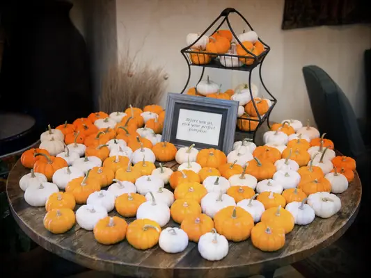 fall wedding favor idea miniature white and orange pumpkins on a wooden table